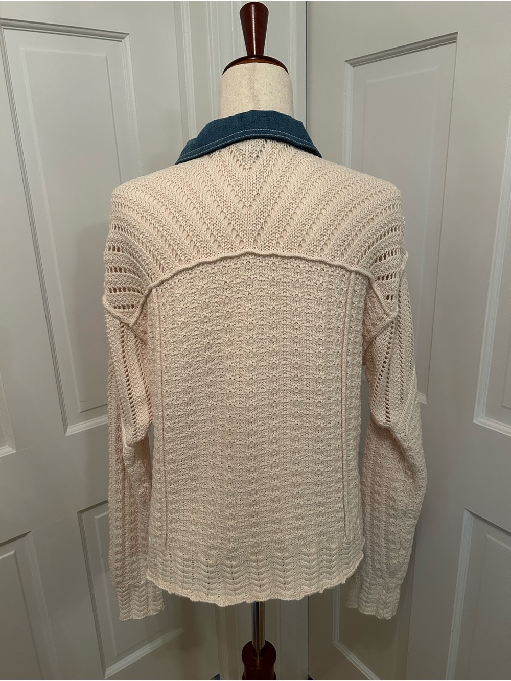 SUNDANCE Mixed Media Denim Trim Cable Knit Cardigan Cream Blue Women L - Picture 8 of 10